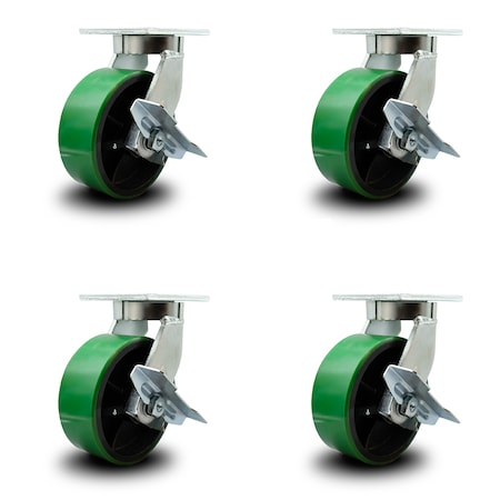 Service Caster 8 Inch Heavy Duty Green Poly on Cast Iron Swivel Caster Set with Brakes, 4PK SCC-KP92S830-PUR-GB-SLB-4